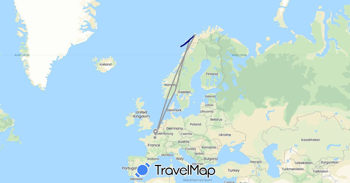 TravelMap itinerary: driving, plane in France, Norway (Europe)